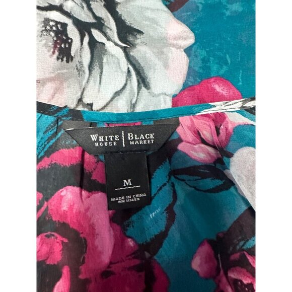 White House Black Market Womens Green Red Floral Lace Trim Sheer Blouse Size M - Picture 7 of 10